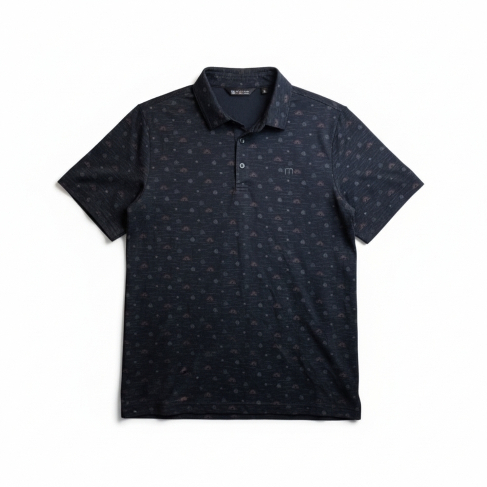 Travis Mathew Mens Large Short Sleeve Polo Shirt Dark Blue Desert Sun Print
